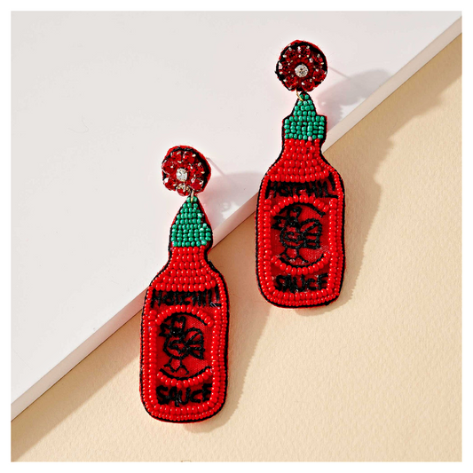 Hot Chili Sriracha Sauce Bottle Beaded Earrings