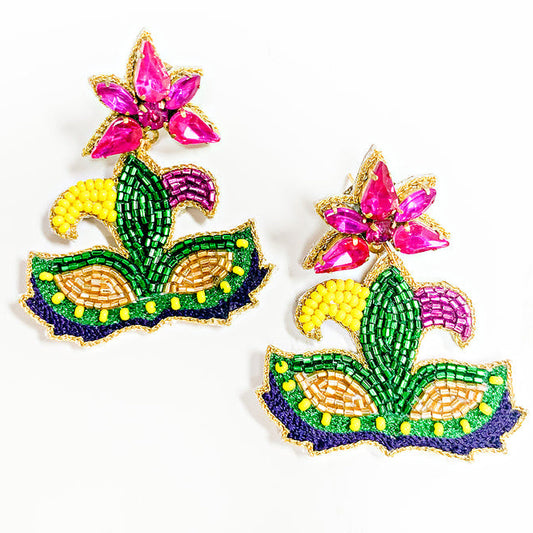 Mardi Gras Beaded Party Mask Crystal Earrings