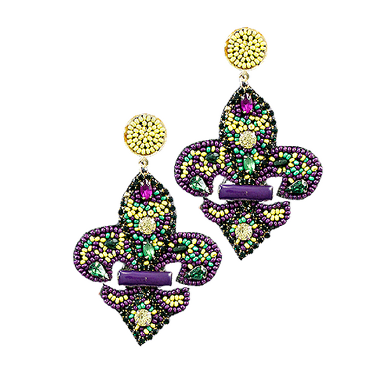 Mardi Gras Beaded Fleur De Lis Rhinestone Earrings