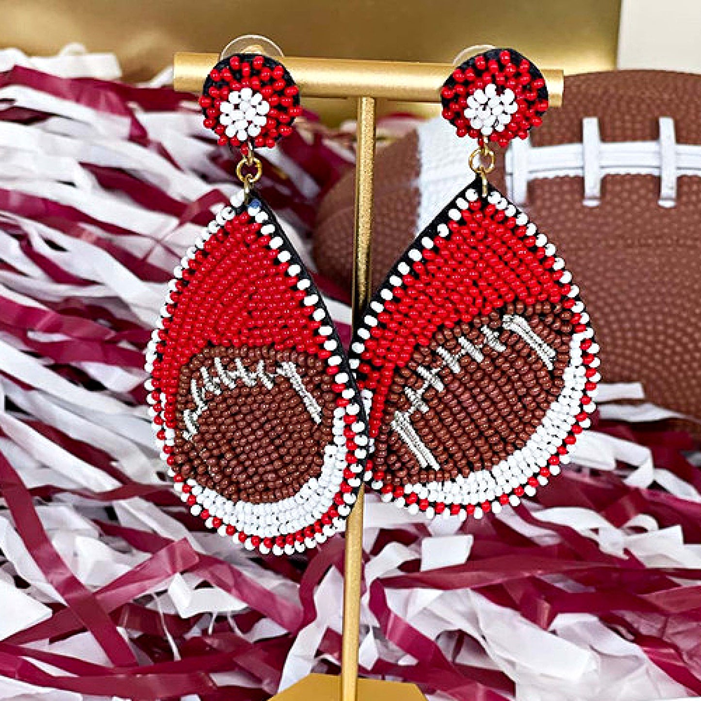Football Sports Team Red White Beaded Teardrop Earrings