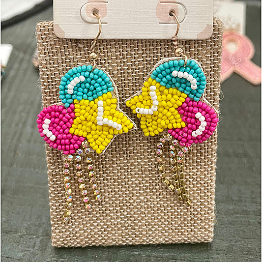 Birthday Celebration Beaded Rhinestone Fringe Star Balloon Earrings