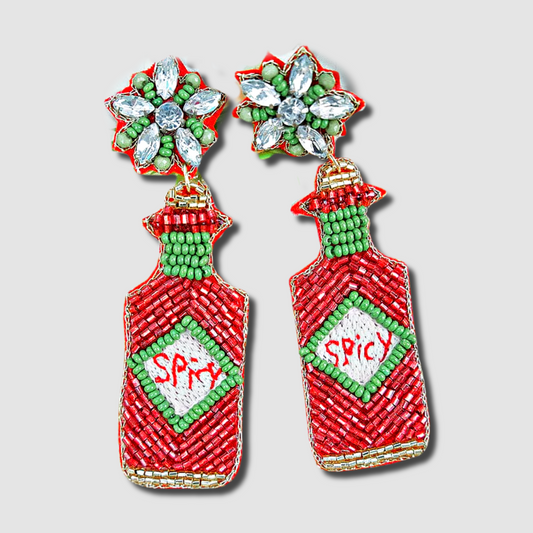 Spicy Hot Sauce Bottle Beaded Crystal Gem Earrings