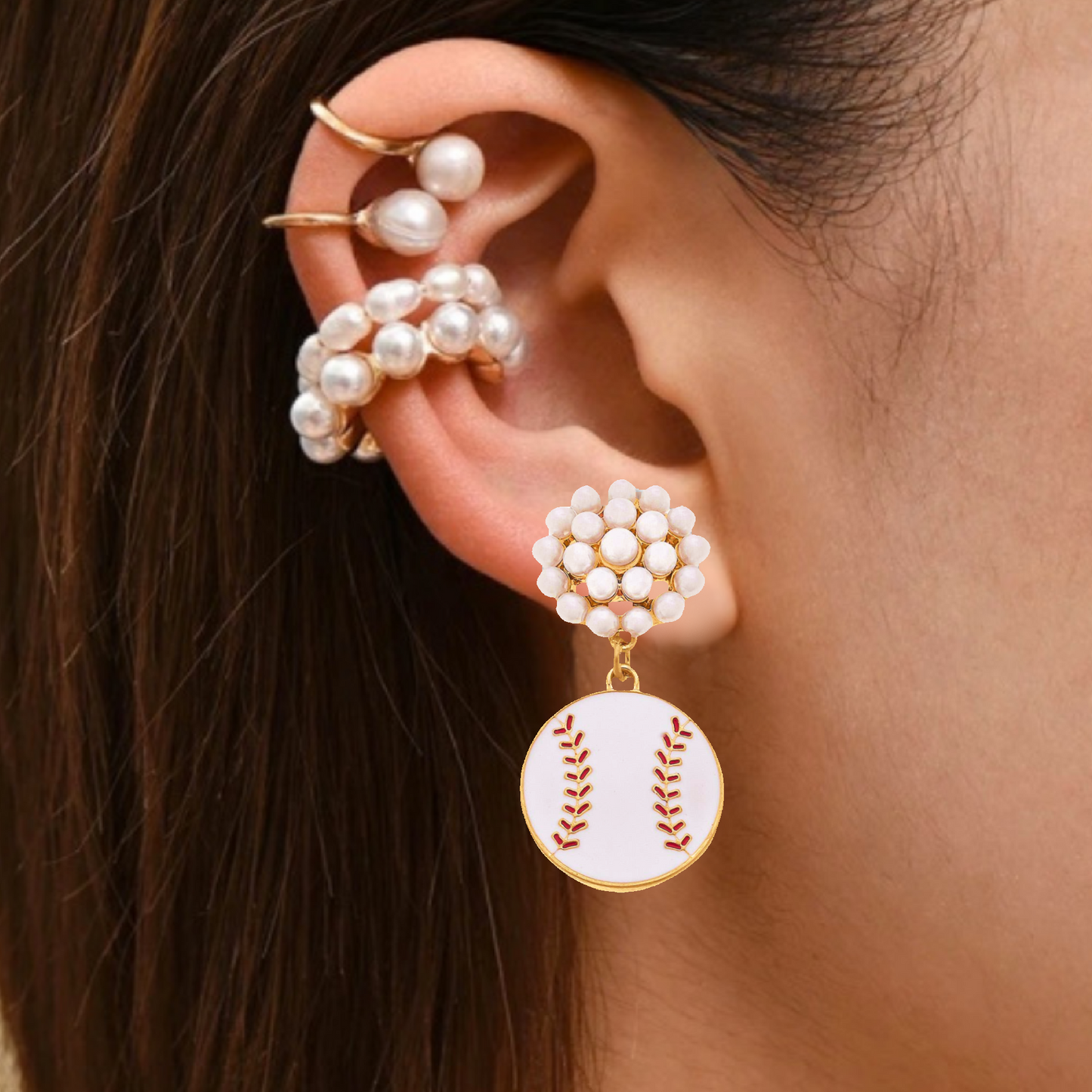 Baseball Pearl Cluster Enamel Drop Earrings