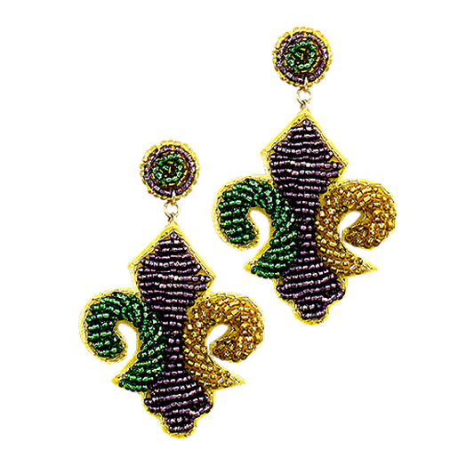 Mardi Gras Fleur De Lis Beaded Earrings
