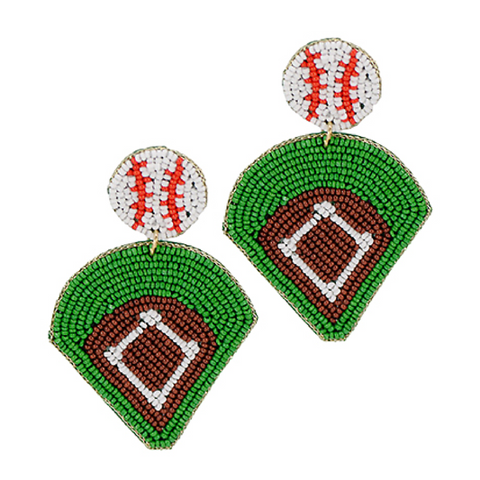 Baseball Theme Field Ball Seed Beaded Earrings