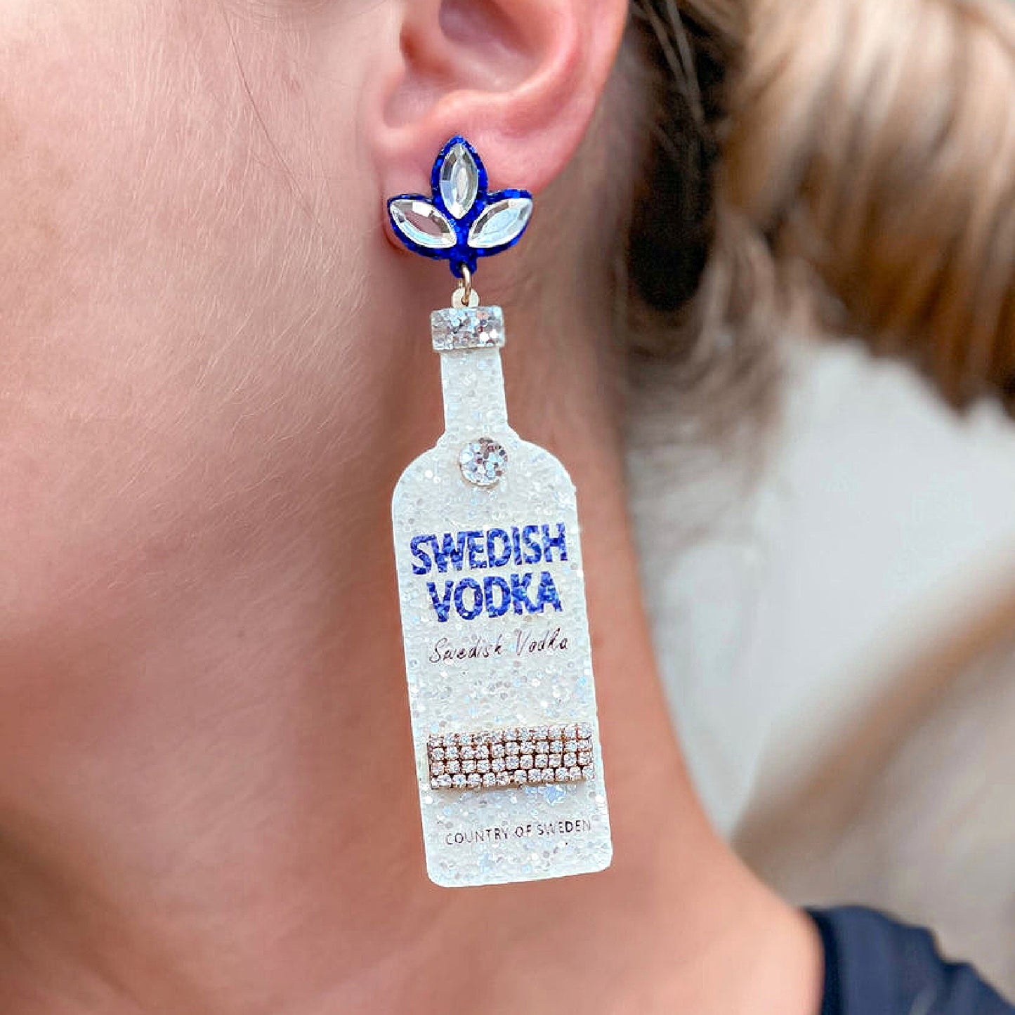 Iconic Swedish Vodka Brand Bottle Leather Glitter Earrings