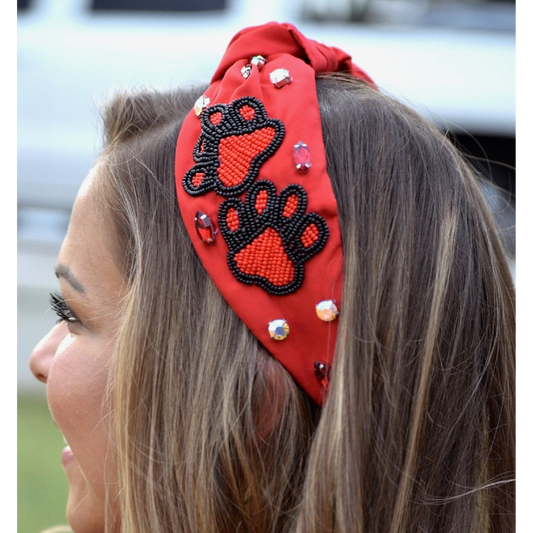 Red Black Beaded Paw Print Football Georgia Colors Headband