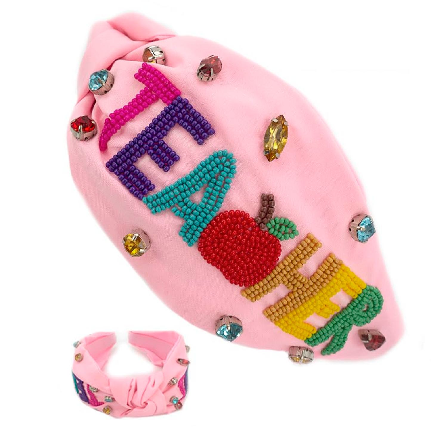TEACHER Apple Pink Beaded Crystal Top Knot Headband