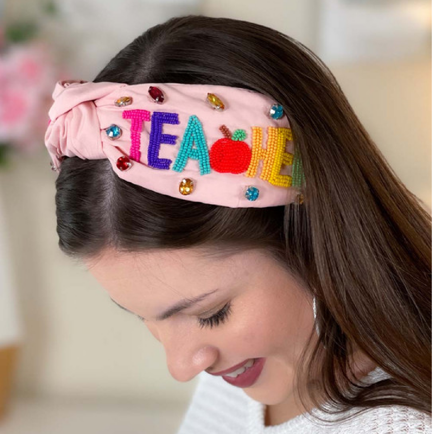 TEACHER Apple Pink Beaded Crystal Top Knot Headband