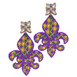 Mardi Gras Fleur De Lis Large Beaded Crystal Earrings