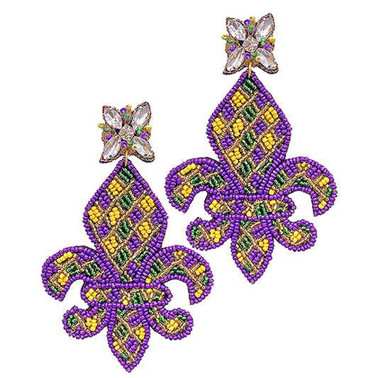 Mardi Gras Fleur De Lis Large Beaded Crystal Earrings