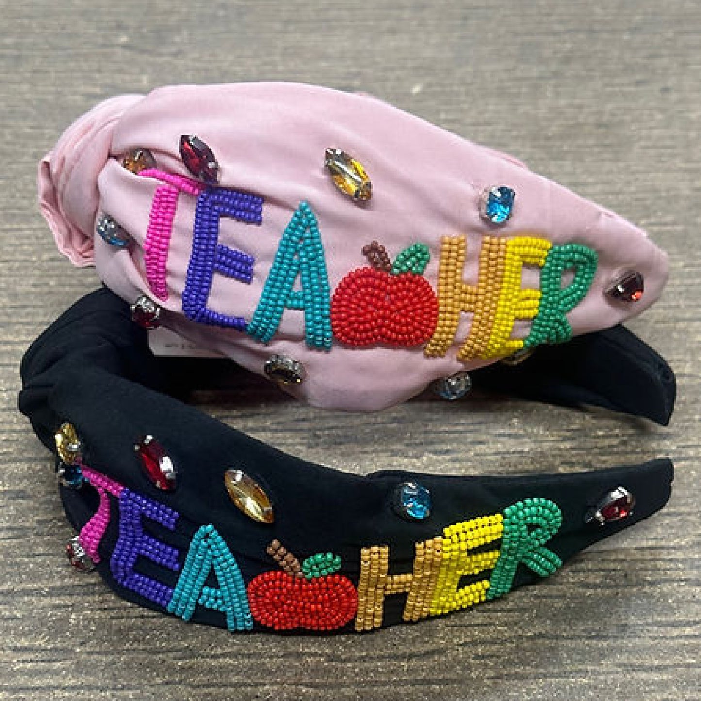 TEACHER Apple Pink Beaded Crystal Top Knot Headband