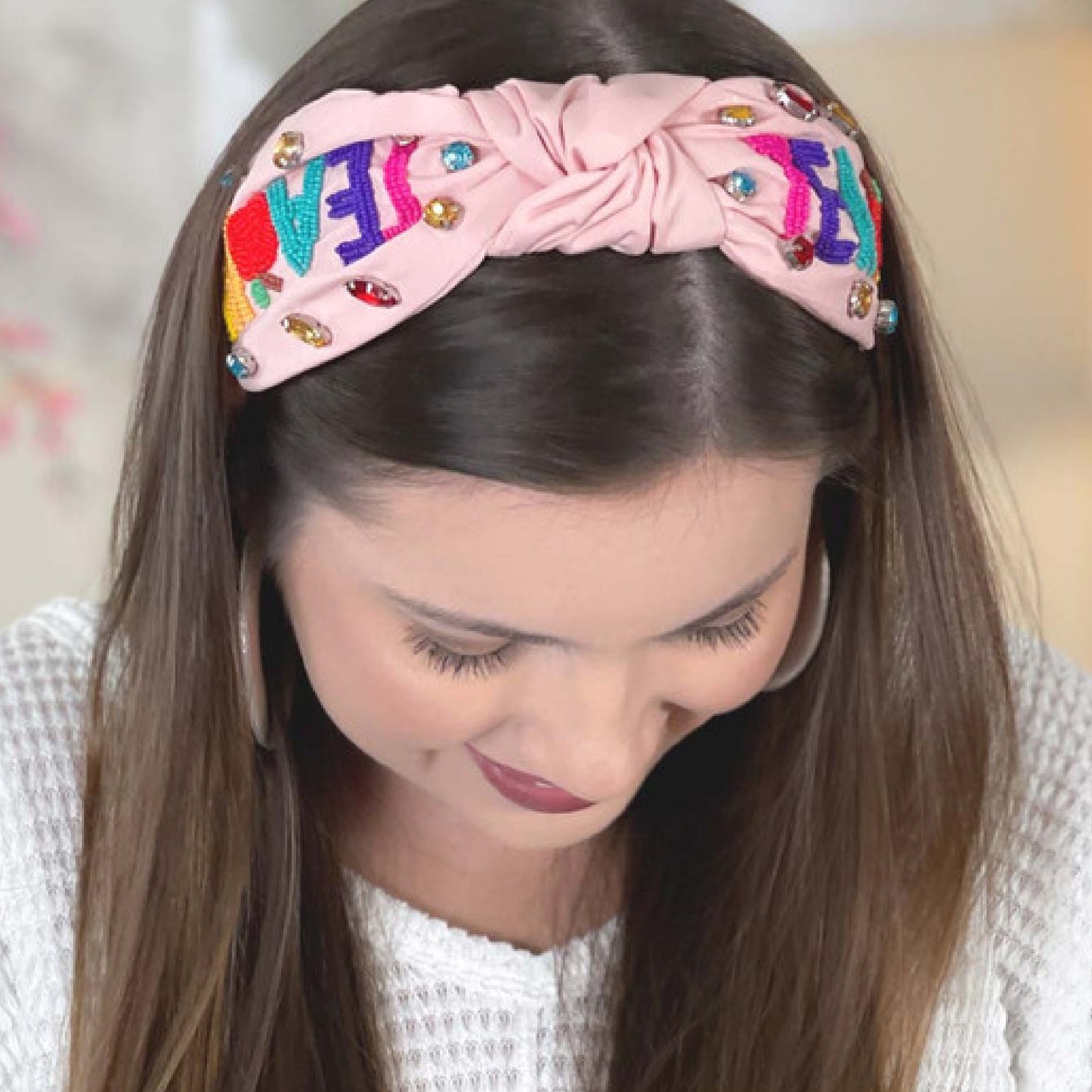 TEACHER Apple Pink Beaded Crystal Top Knot Headband