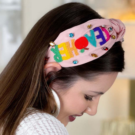 TEACHER Apple Pink Beaded Crystal Top Knot Headband