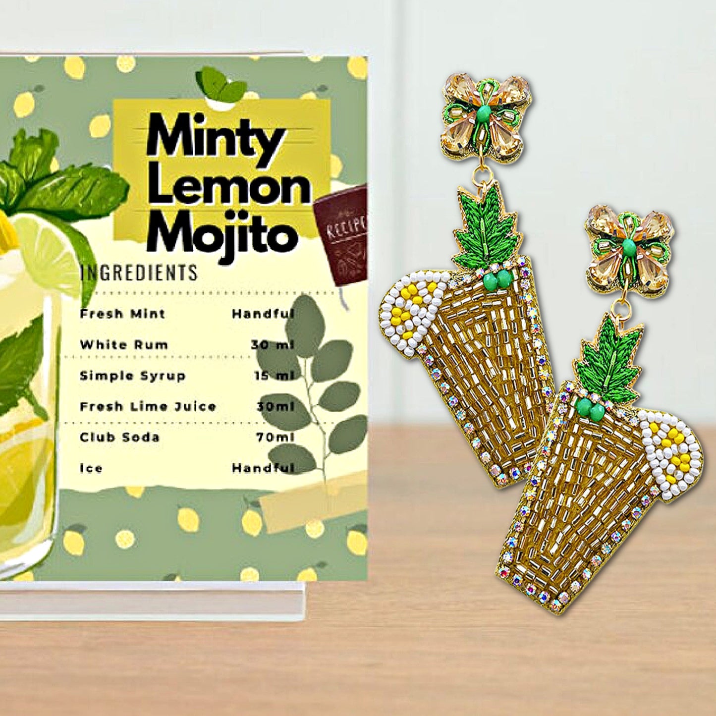 Mint Mojito Cocktail Beaded Crystal Earrings