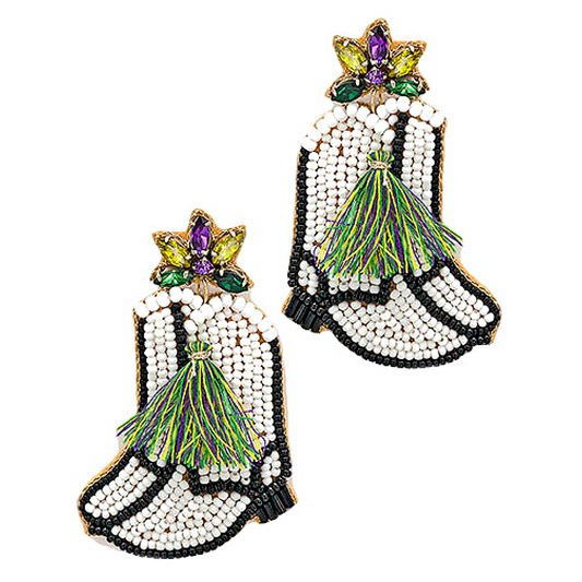 Mardi Gras Jeweled Beaded Western Tassel Boots Earrings