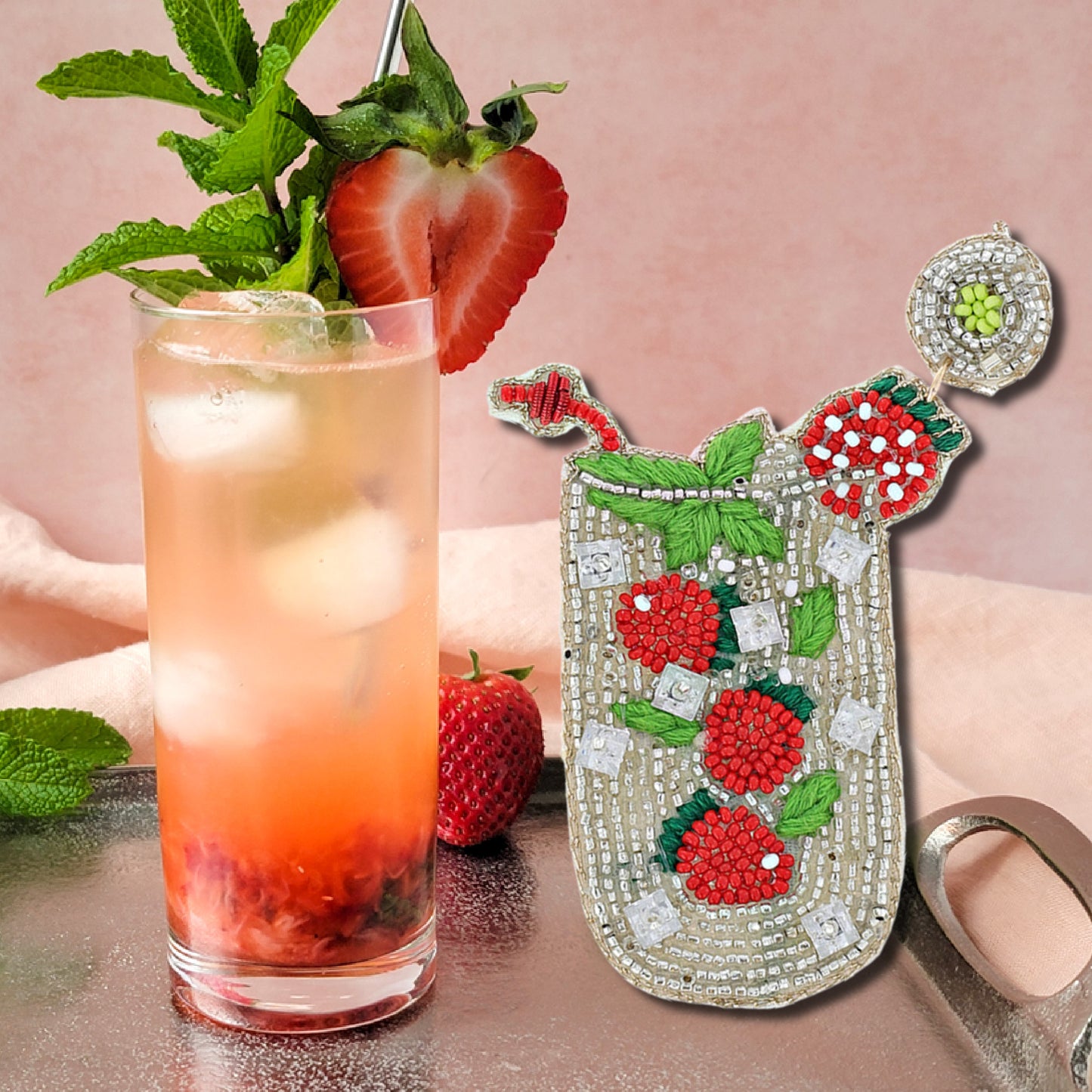 Strawberry Mojito Cocktail Beaded Earrings
