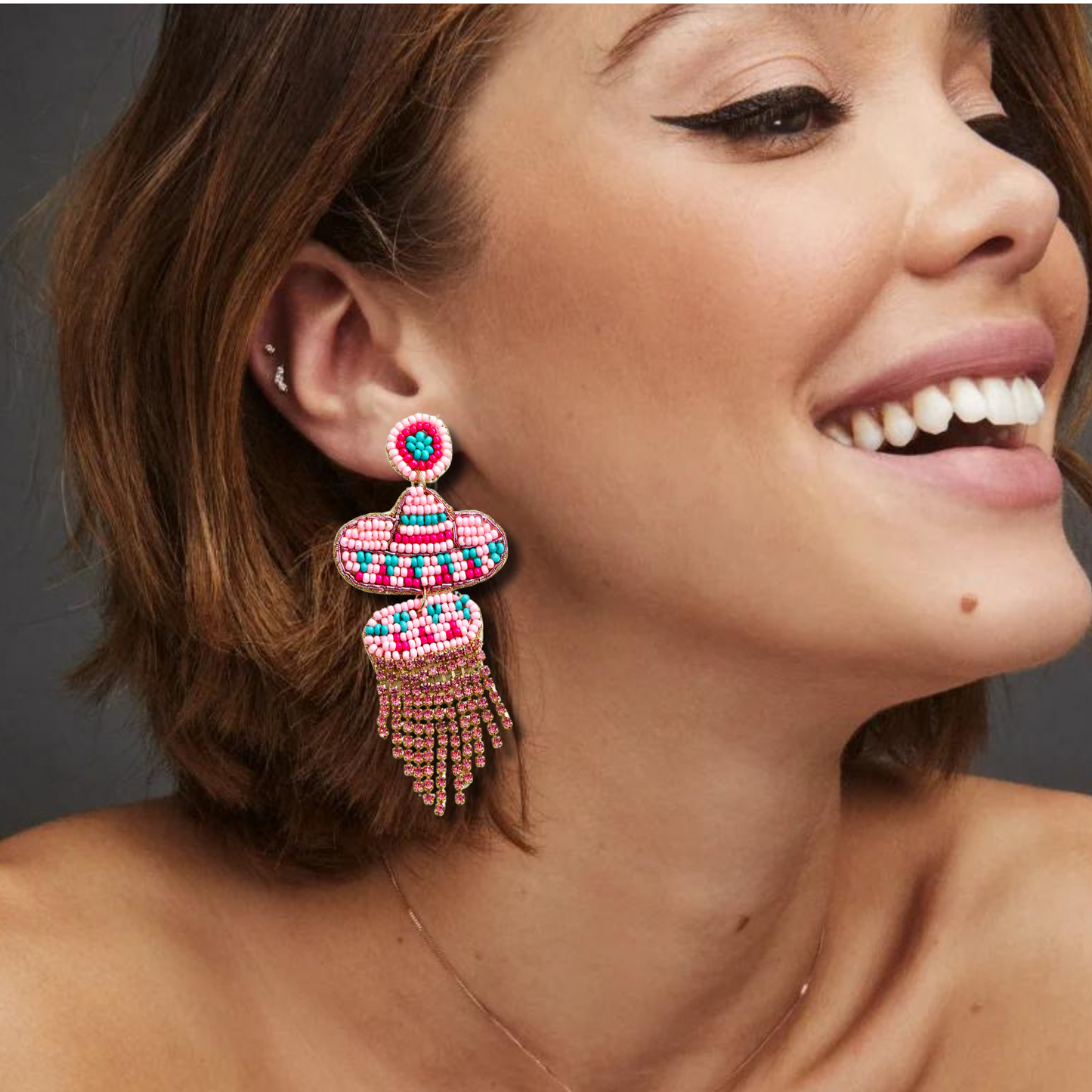Pink Cowgirl Hat Western Rhinestone Fringe Beaded Earrings