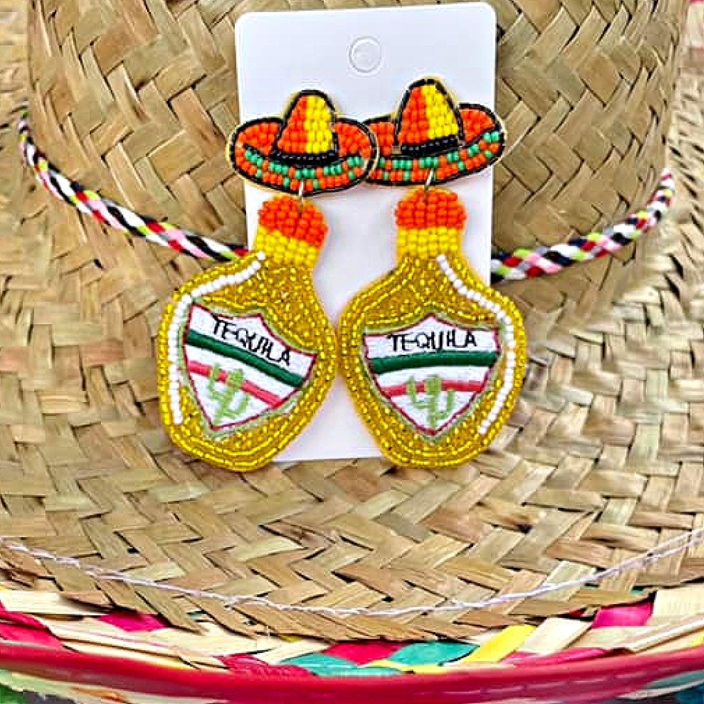 Tequila Mexican Hat Fiesta Party Beaded Earrings