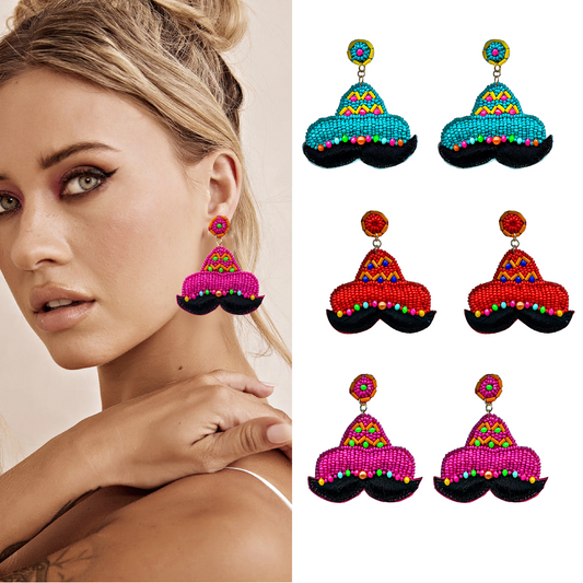 Mexican Mustache Sombrero Hat Party Bead Earrings