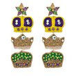 Mardi Gras Jeweled Beaded Triple Crown Earrings