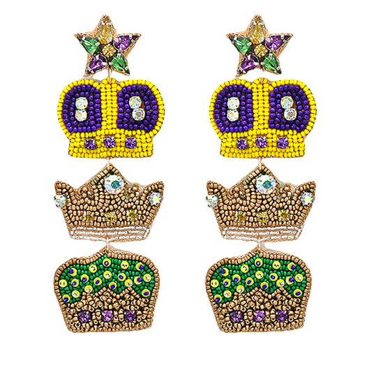 Mardi Gras Jeweled Beaded Triple Crown Earrings