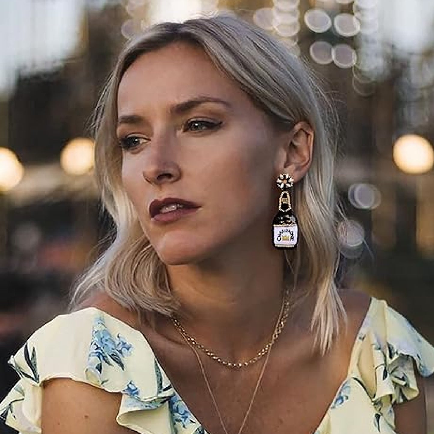Black White Champagne Bottle Crystal Beaded Earrings