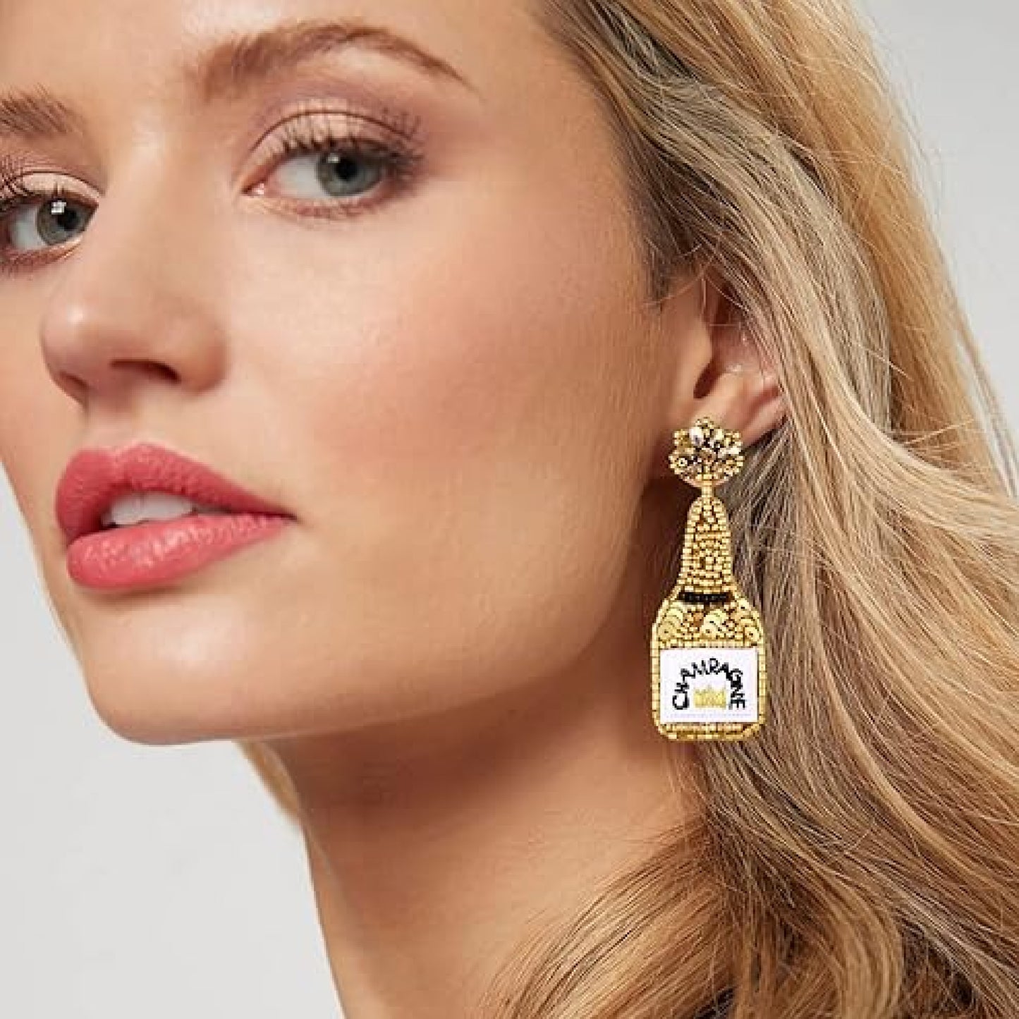 Gold Champagne Bottle Crystal Beaded Earrings