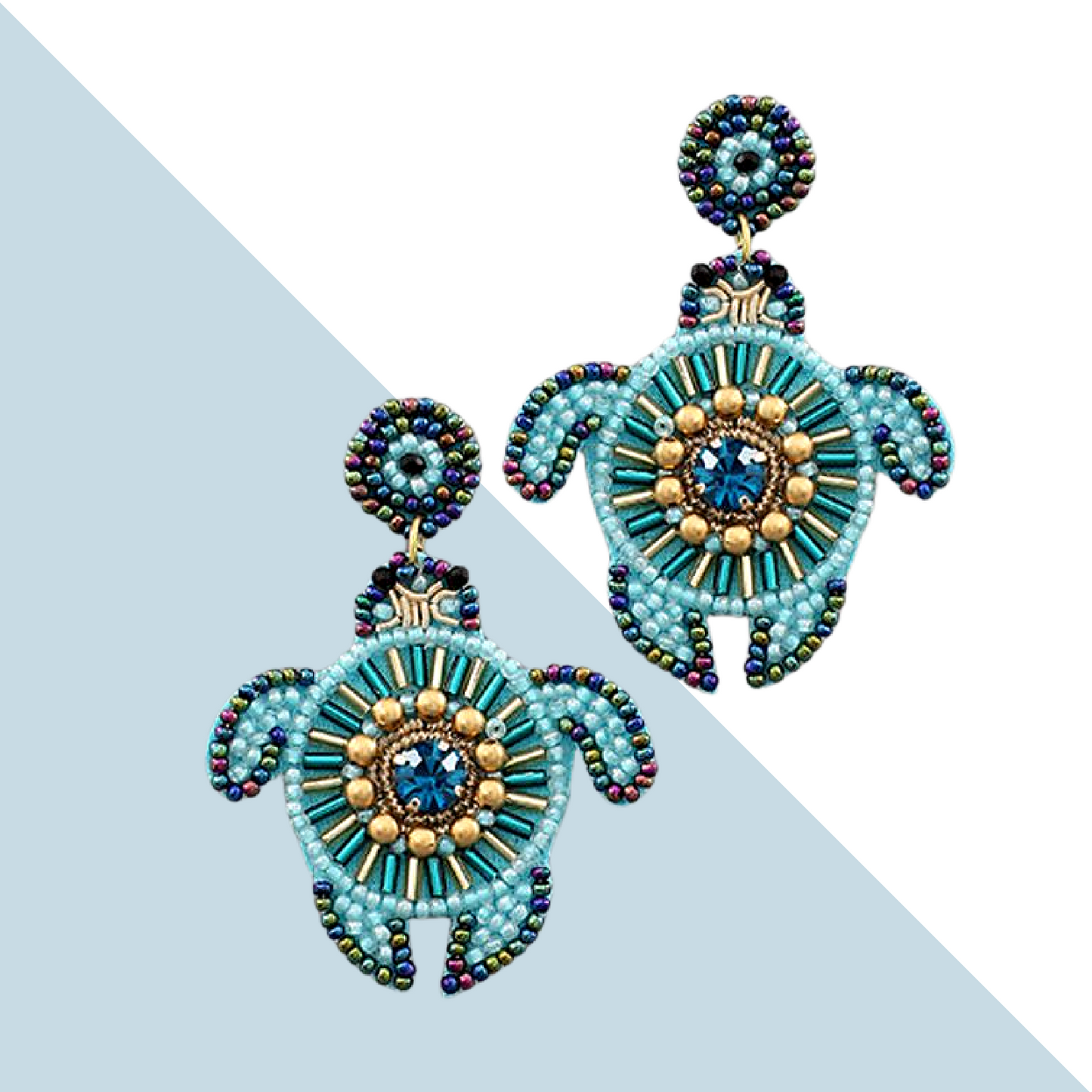 Beaded Gem Accent Blue Sea Turtle Earrings