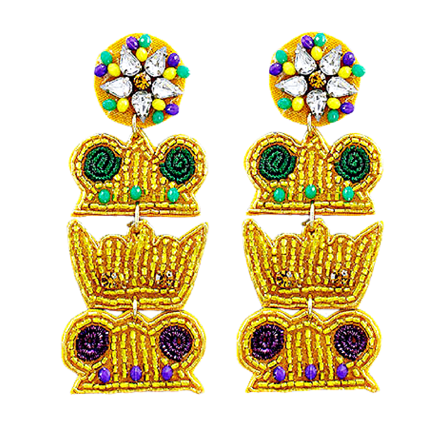 Mardi Gras Jewel Beaded Triple Crown Earrings