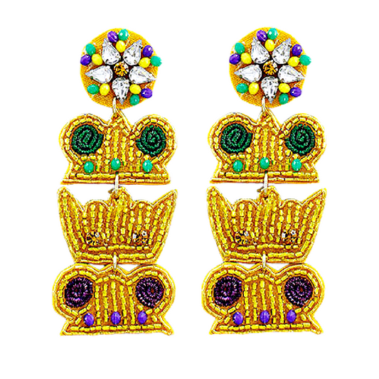 Mardi Gras Jewel Beaded Triple Crown Earrings