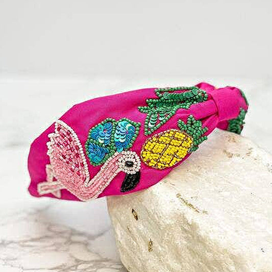Tropical Flamingo Embellished Seed Beaded Headband