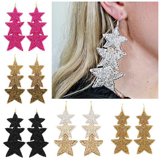Glass Sparkle Beaded Triple Star Celestial Earrings