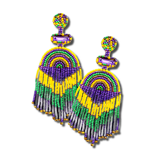 Mardi Gras Seed Beaded Fringe Dangle Earrings