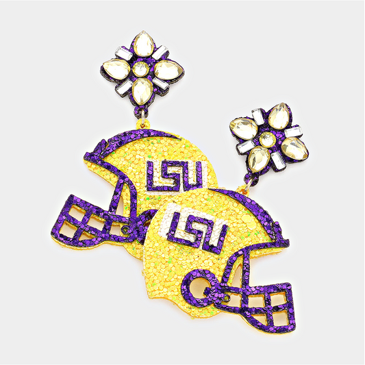 Crystal Top LSU Tigers College Football Helmet Glitter Gem Earrings