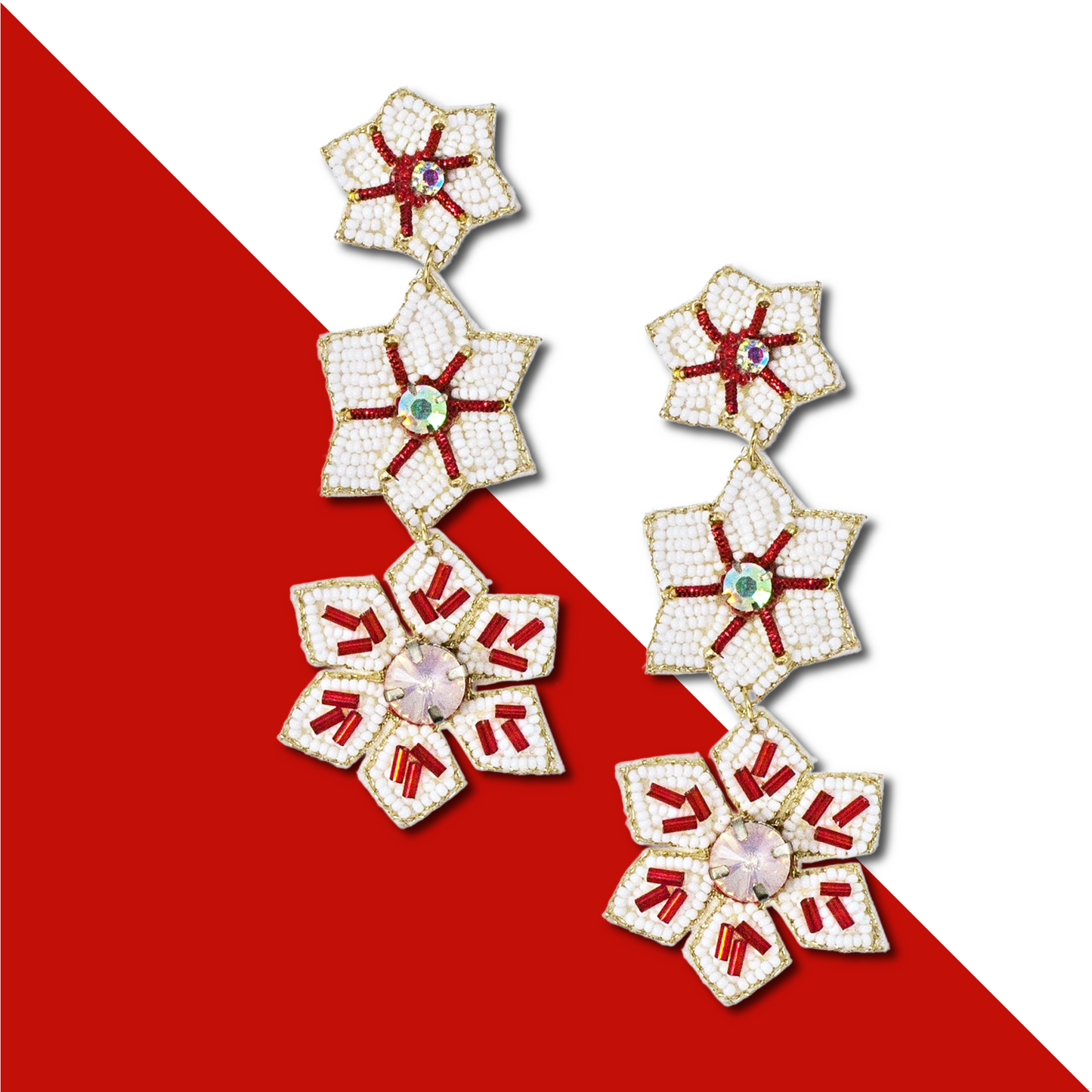 3-Tier Snowflake White Crystal & Seed Bead Earrings