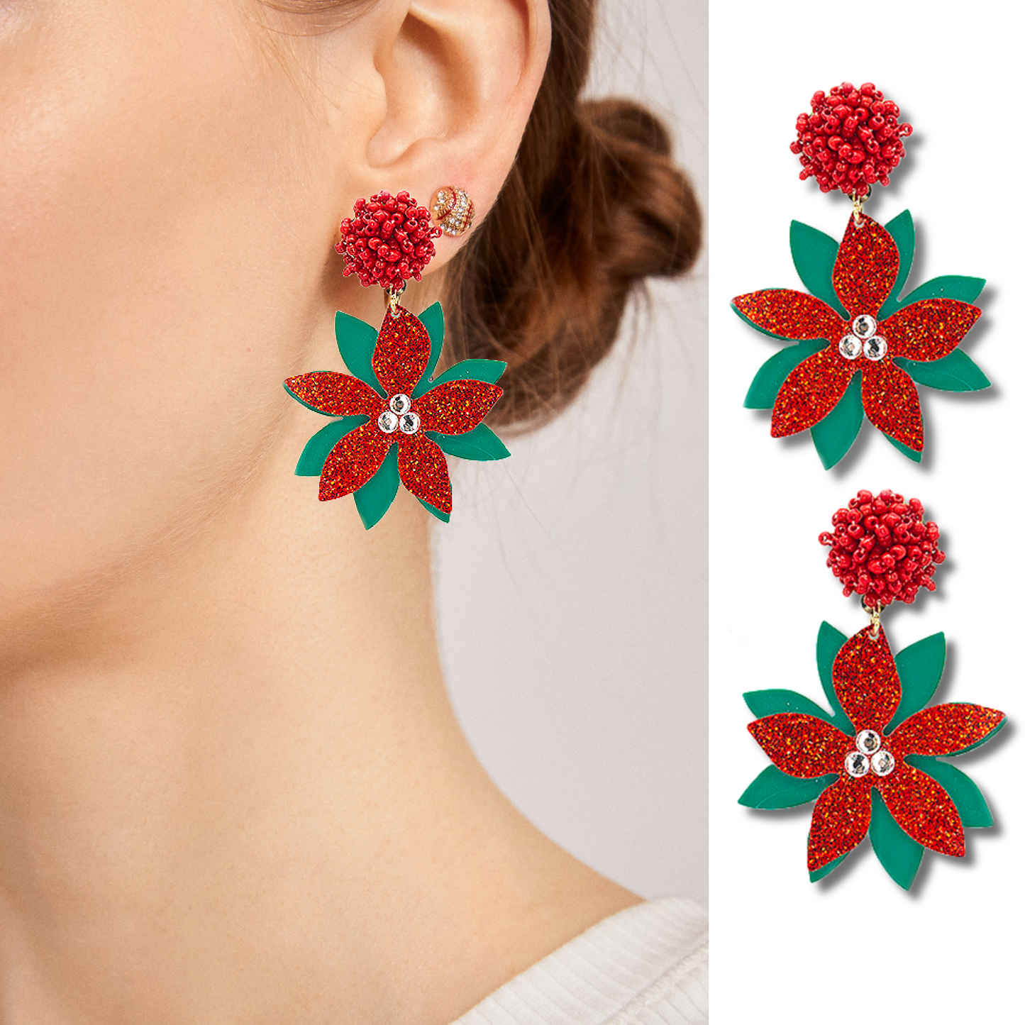 Sparkle & Seed Beaded Poinsettia Christmas Earrings