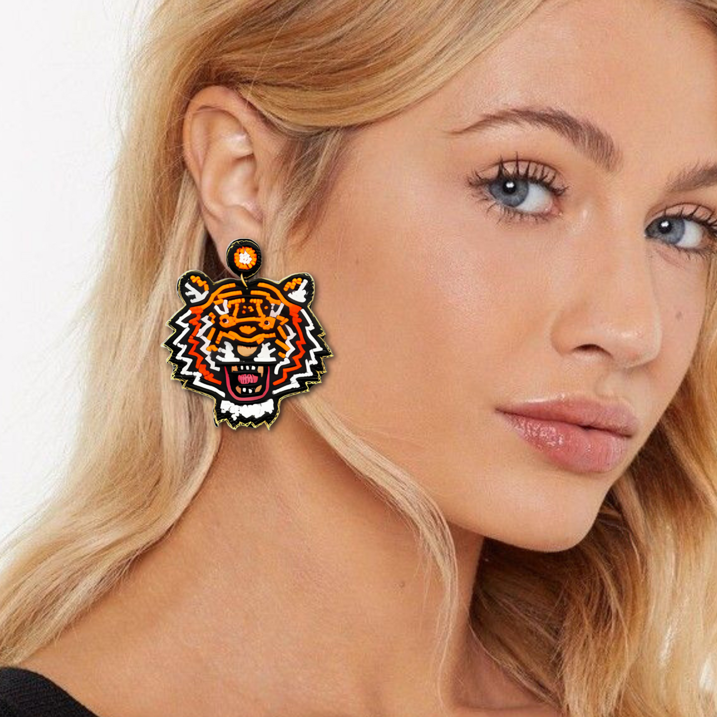 Orange Roaring Tiger Large Seed Beaded Earrings