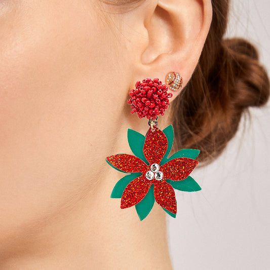 Sparkle & Seed Beaded Poinsettia Christmas Earrings