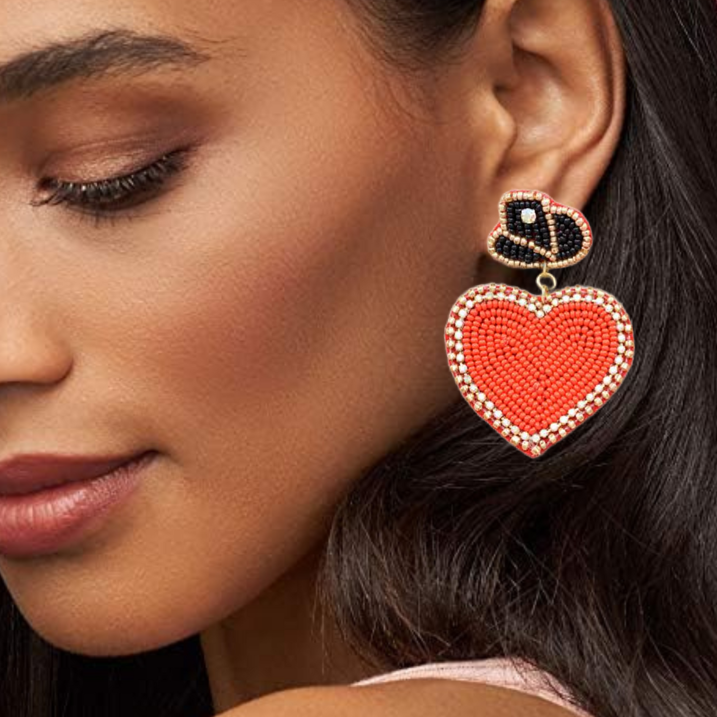 In Love With A Cowboy Beaded Red Heart Earrings