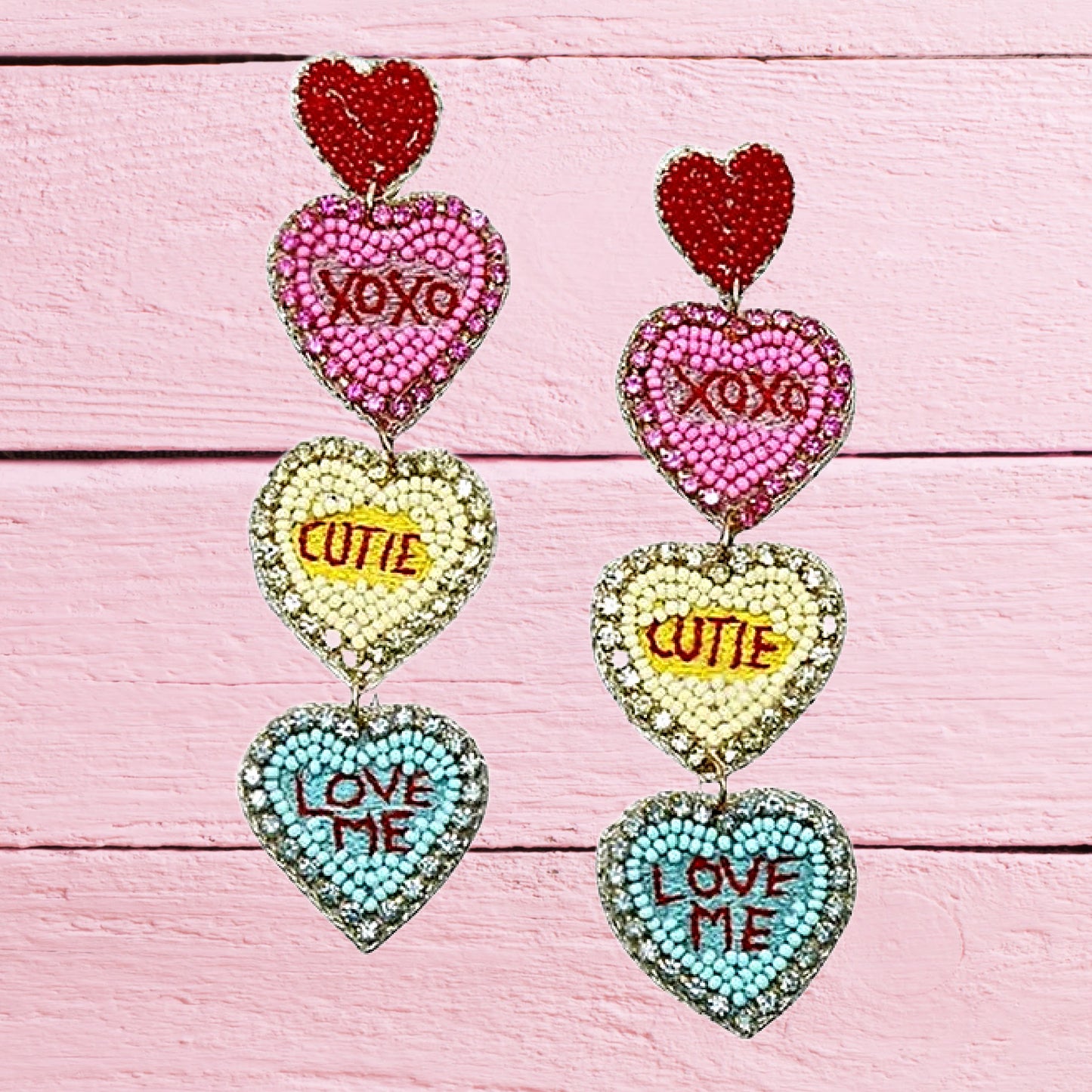 Beaded Rhinestone Valentine Candy Heart Message Earrings