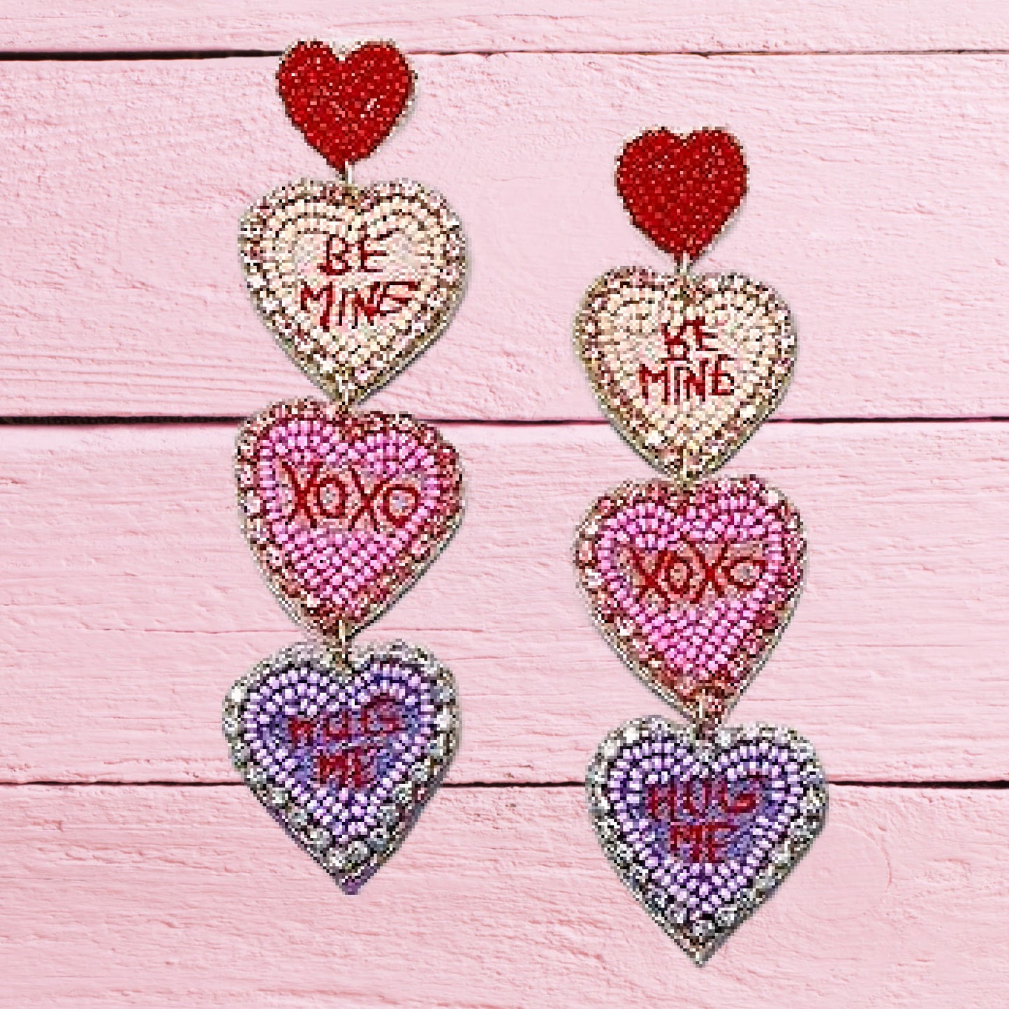 Beaded Rhinestone Valentine Candy Heart Message Earrings