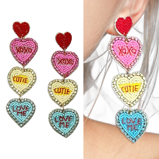 Beaded Rhinestone Valentine Candy Heart Message Earrings