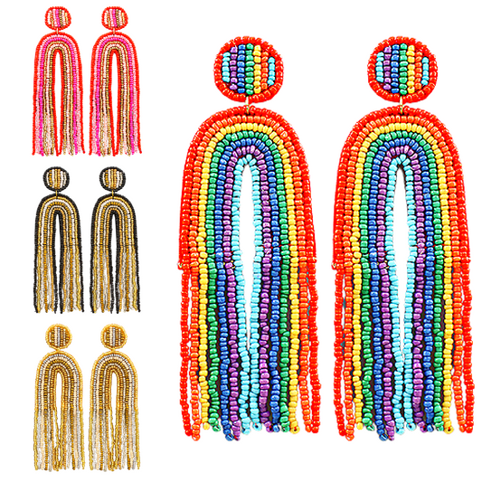 Long Rainbow Seed Beaded Tassel Statement Earrings