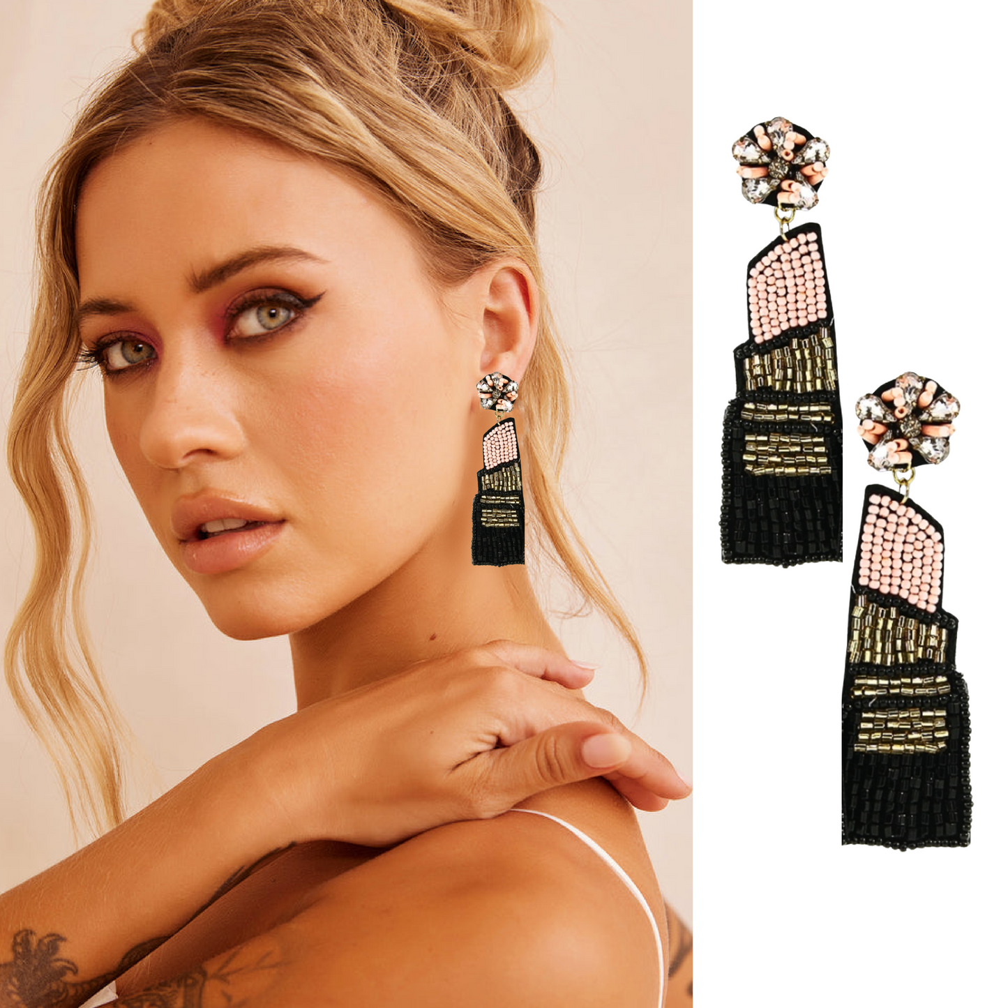 Lipstick Makeup Artist Beaded Statement Earrings