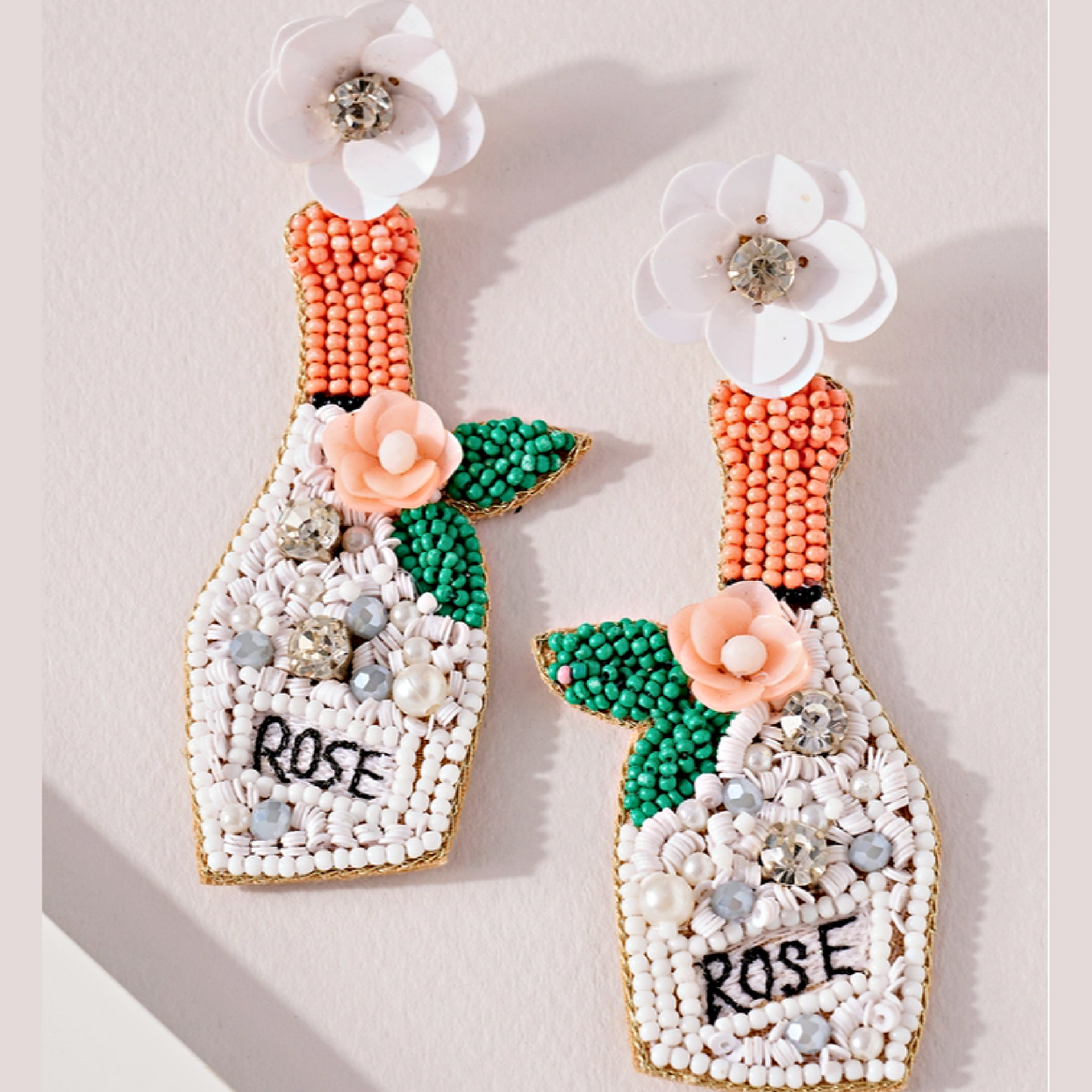 Rose Wine Bottle Seed Beaded Floral Earrings