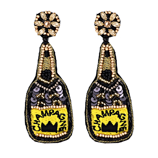 Black Gold Champagne Bottle Crystal Beaded Earrings