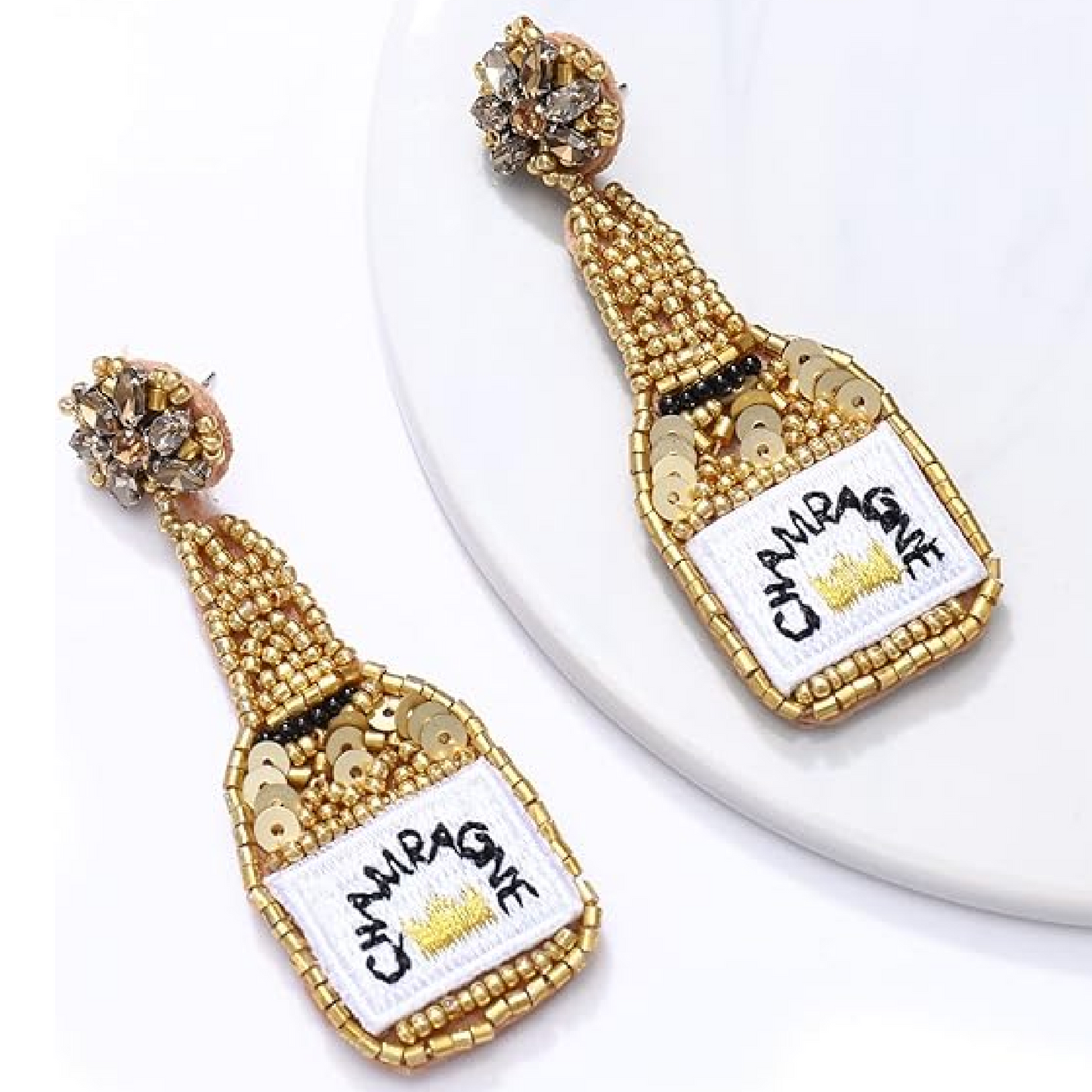 Gold Champagne Bottle Crystal Beaded Earrings