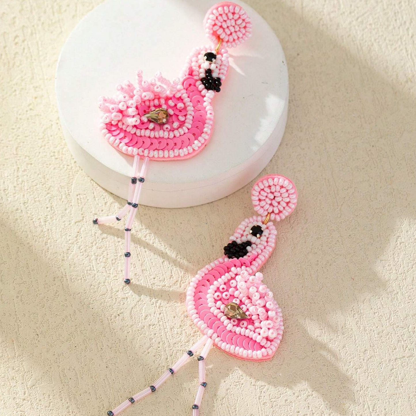 Pink Flamingo Beaded Crystal Jeweled Dangle Earrings