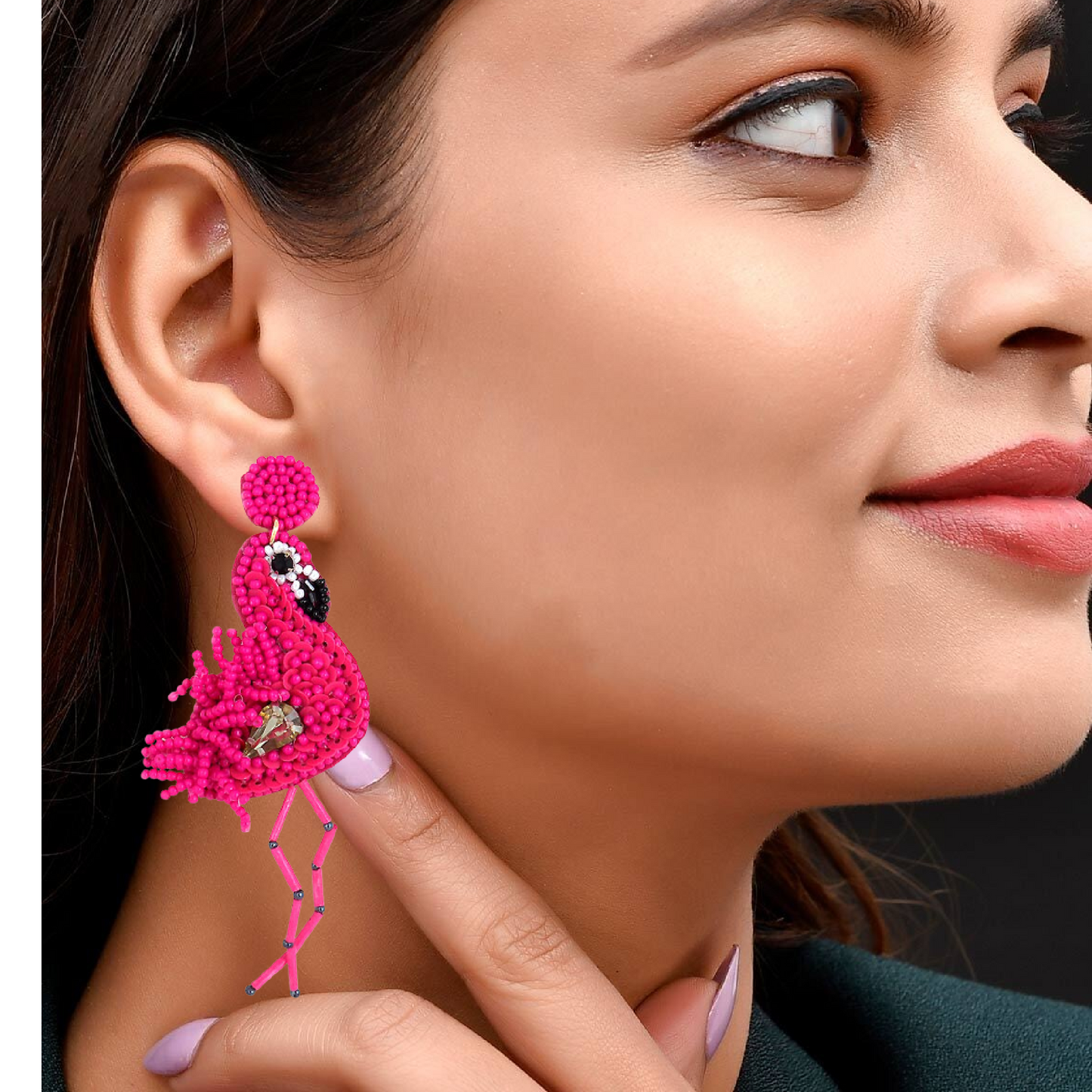 Fuchsia Pink Flamingo Beaded Crystal Jeweled Dangle Earrings